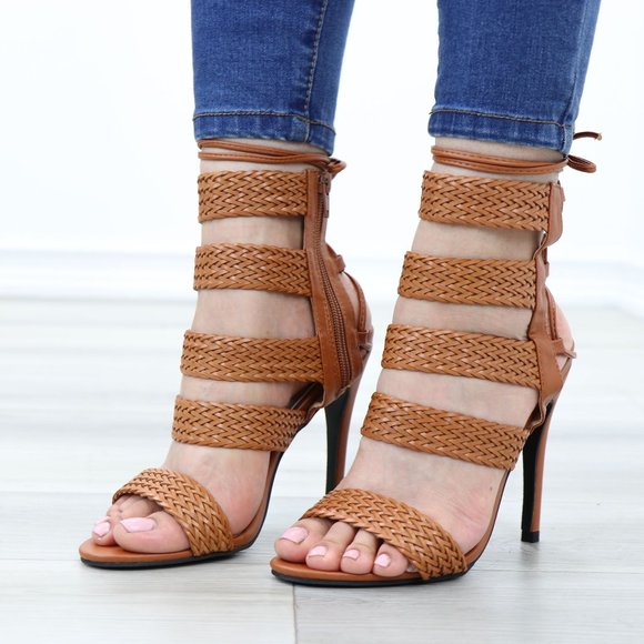 Glam Gladiator Style Strappy Brown High Heel Stiletto Sandals - Picture 11 of 12